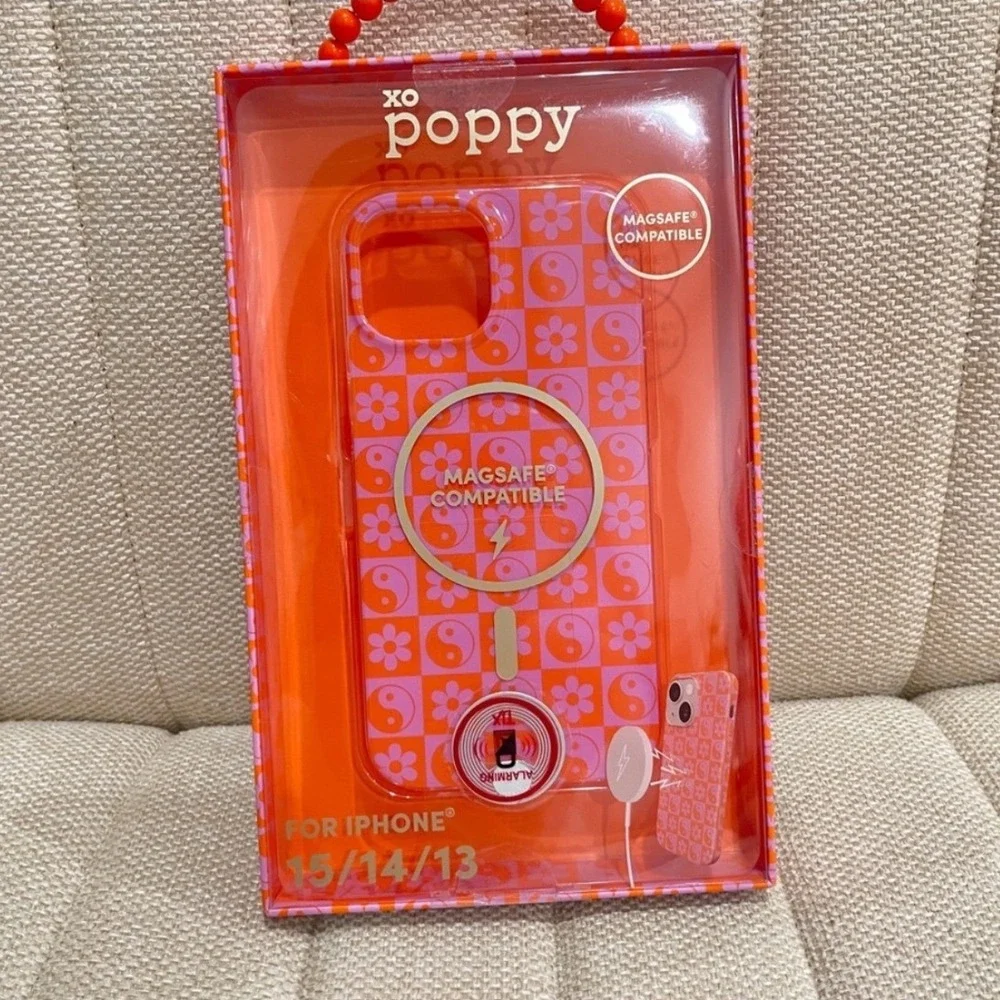 NEW XO‎ Poppy iPhone 15 14 13 Case MagSafe Orange Pink Checkered Yin Yang Floral